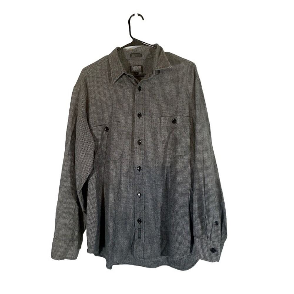 DKNY Gray Square Print Long Sleeve Cotton Button Down Shirt Men Sz L